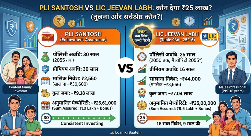 PLI संतोष (डाकघर बीमा) और LIC जीवन लाभ (पॉलिसी 936 - 25/16) के बीच ₹25 लाख की मैच्योरिटी के लिए विस्तृत तुलना इन्फोग्राफिक। चित्र में दोनों पॉलिसियों के पॉलिसी टर्म, प्रीमियम भुगतान अवधि (पीपीटी), निवेश राशि, कुल जमा और अनुमानित रिटर्न (मैच्योरिटी) को स्पष्ट रूप से दिखाया गया है। LIC जीवन लाभ को 'सीमित प्रीमियम भुगतान' के कारण विजेता के रूप में हाइलाइट किया गया है।